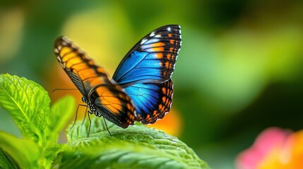 Naklejka premium A stunning blue butterfly perches gracefully on a vibrant green leaf, showcasing its intricate wing patterns. This serene image captures the beauty of nature.