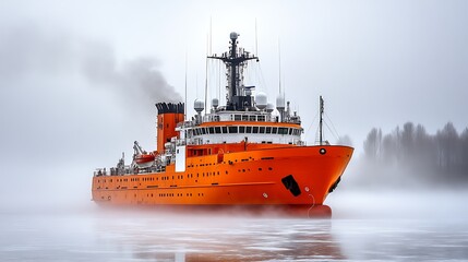 Fototapeta premium Orange ship in icy arctic fog