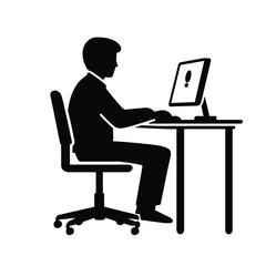 Silhouette of a person working on a computer at a desk isolated on a transparent background