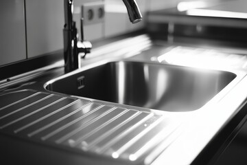 a close up stainless steel shiny perfectly clean kitchen sink with a tap. Generative AI