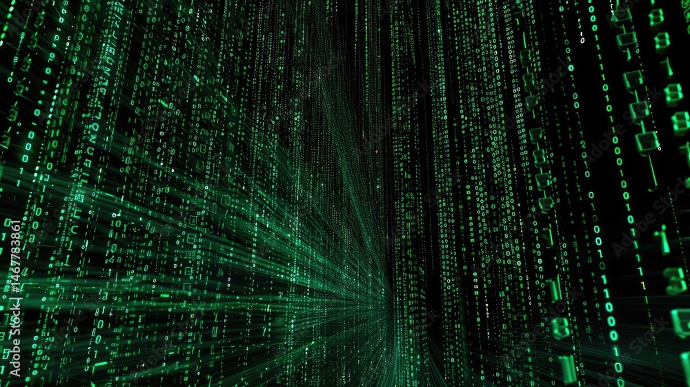Poster dynamic abstract matrix background featuring green binary data lines. ideal for commercial proposals