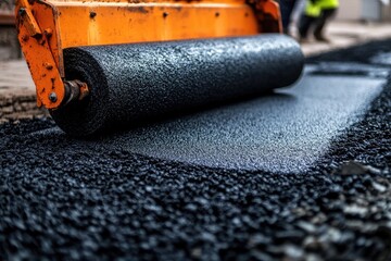 Asphalt paving, road construction,  hot asphalt being compacted by a roller.  Close-up view of the process