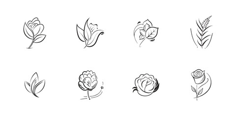 hand drawn vector set of icon type flowers line art on white background