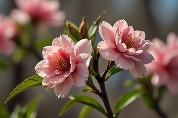 Obraz premium Pink spring blossoms of cherry and pink-white magnolia flowers bloom on tree branches, a beautiful macro view of nature's season