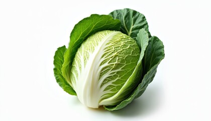 Fototapeta premium Fresh raw cabbage head isolated on white background. Healthy vegetable, nutritious food. Green leaves, white background for recipes, diets, cooking. Vegan meal ingredient.