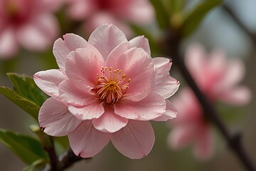 Pink spring blossoms of cherry and pink-white magnolia flowers bloom on tree branches, a beautiful macro view of nature's season