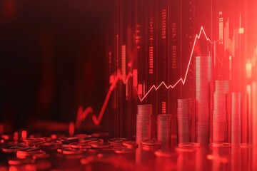 Rising stock market graph with stacks of coins.  Red hue emphasizes financial growth