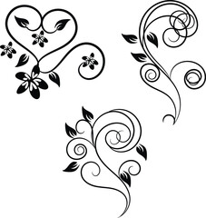 Elegant Black Floral Swirls and Heart Design Elements for Decoration