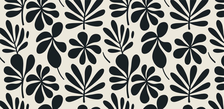Seamless Botanical Leaf Pattern in Black and White Vector Art.