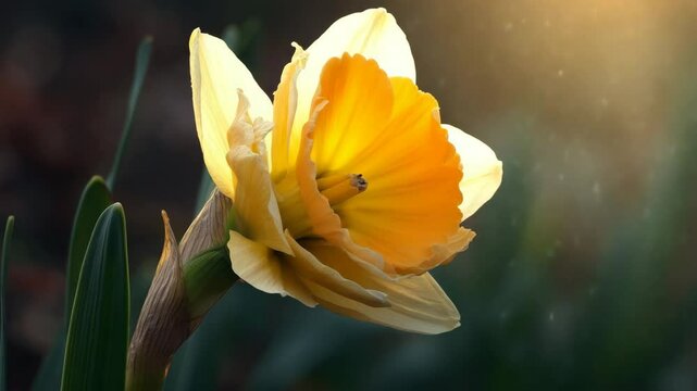 Time-lapse video of sunlit daffodil, vibrant orange center, representing warmth and new beginnings, against a blurred garden backdrop