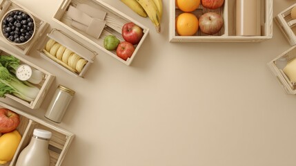 Floating Grocery Items Arranged on Neutral Beige Backdrop Showcasing Variety of Fresh Foods and Ingredients With Empty Zones Generative AI