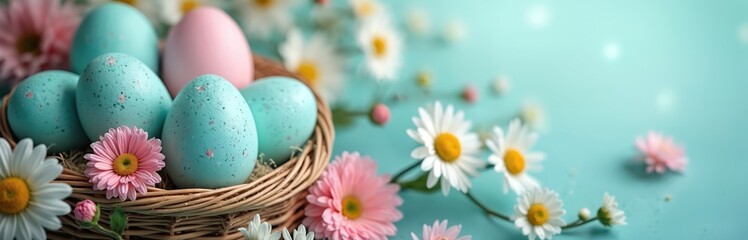 Easter composition background with eggs, flowers. Eggs in wicker basket, spring flowers. Vivid colors, pastel colors. Springtime design, easter egg hunt background for holiday greeting cards, posters.