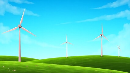 Fototapeta premium Cartoon illustration of wind turbines standing on a vibrant green hill under a clear blue sky with fluffy clouds