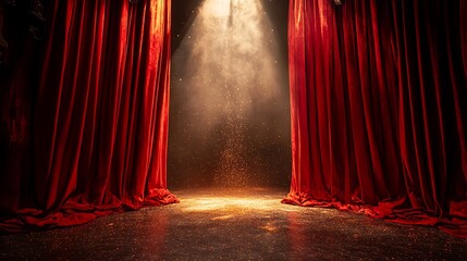 Dramatic Red Stage Curtains Open with a Spotlight and Sparkling Confetti