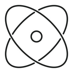 Simple atom icon graphic has rings and a circle to show the basics of the atom structure in a flat design.