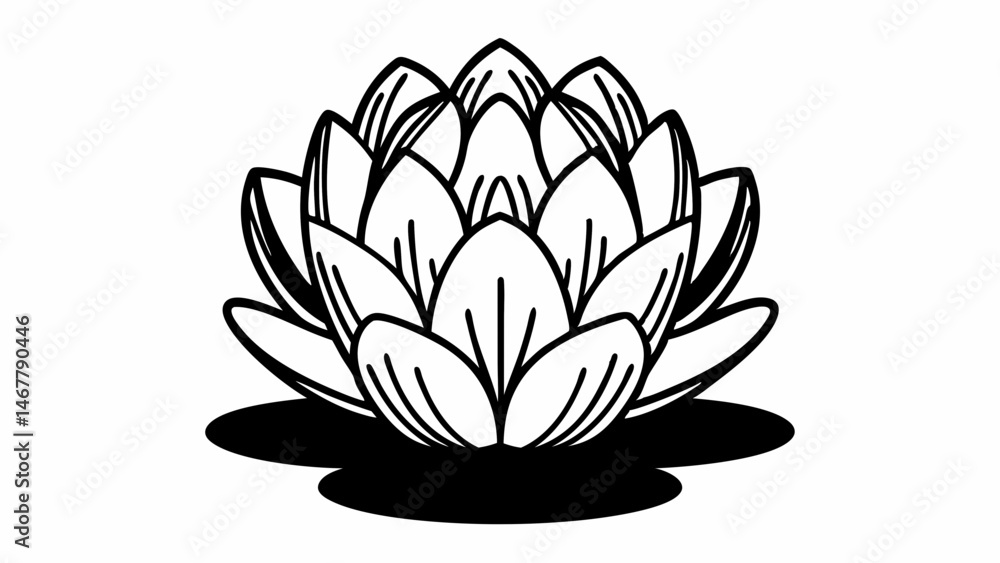 Poster illustration of a lotus flower with multiple petals arranged in a circular pattern and a shadow bene