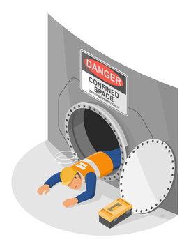 Industrial safety failure scenario showing unconscious worker collapsing at confined space entrance due to lack of proper ventilation and permit control isometric cartoon