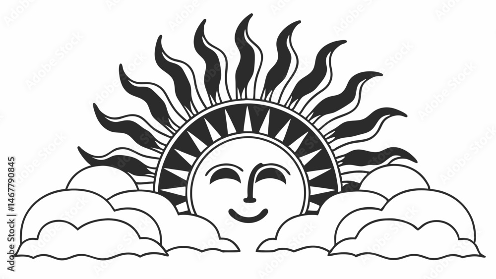 Poster illustration of a smiling sun with triangular rays surrounded by clouds in a black and white drawing