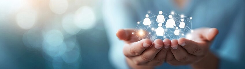 Digital network of people held in cupped hands