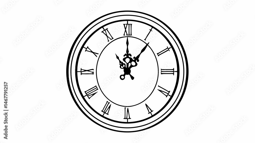 Poster illustration of a clock face with roman numerals and ornate hands showing almost one o clock time cr