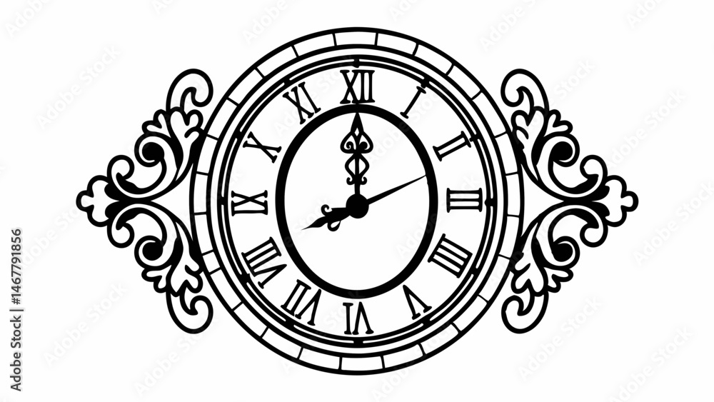 Poster ornate clock with roman numerals and decorative flourishes showing eight o clock precisely on the di