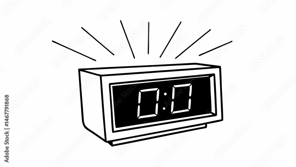 Poster illustration of a digital alarm clock displaying zero hour with radiating lines above it drawn in bl
