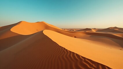 Majestic view of desert sand dunes under a clear blue sky evoking a sense of tranquility and vastness