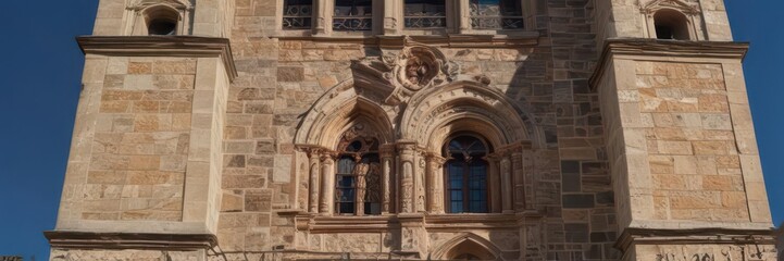 Ancient bell tower, Catholic church facade, ornate stonework, vertical, symmetry, church