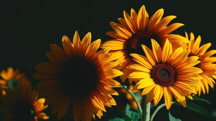 Illuminated sunflowers present golden petals and dark centers, captured against a deep background.