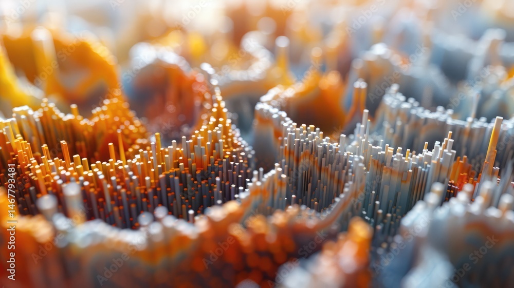 Poster abstract picture micro particle in geometric shape represent data flow. vivid flowing object with hi