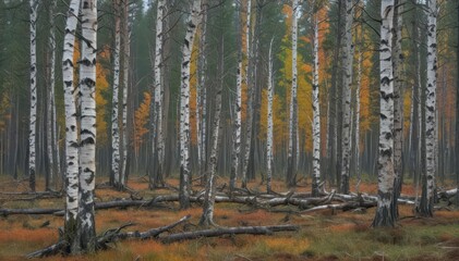 Broken pine and birch trees in a storm-ravaged forest , fallen, nature
