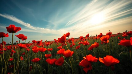 Obraz premium Vibrant field of red poppies under a sunny sky creates a peaceful and idyllic countryside scene.