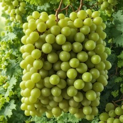 Cluster of green grapes on verdant background, glistening, closeup, juicy