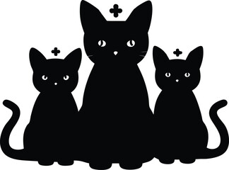 Fototapeta premium Three black cat silhouettes each with a plus symbol on their head
