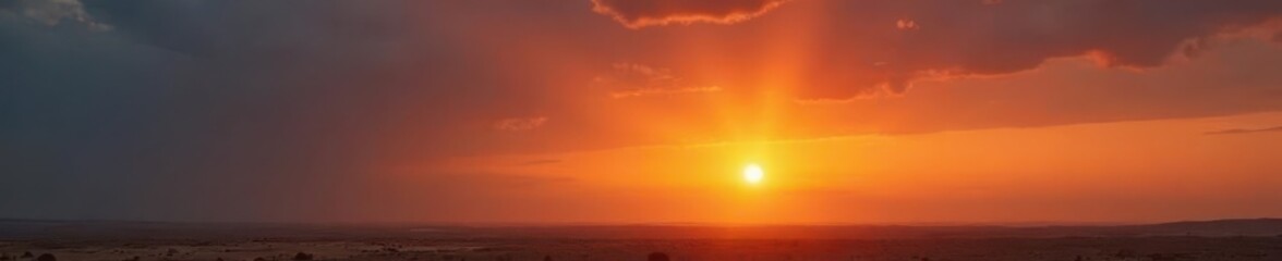 Obraz premium Dusty orange sunset, grey clouds heavy with earth , horizon, grey