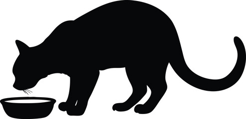 Black silhouette of a cat eating from a bowl on a white background