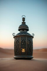 Fototapeta premium An ornate metal lantern glows softly in a serene desert landscape during a pastel sunset hour.