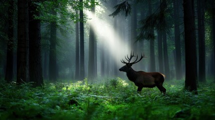 A deer is walking through a forest with sunlight shining through the trees