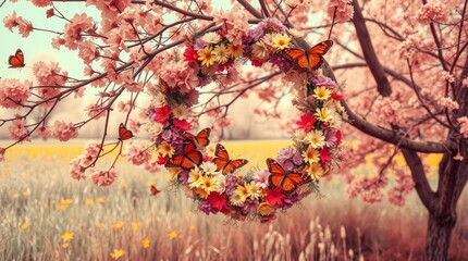 A vibrant floral wreath adorned with monarch butterflies hangs gracefully among cherry blossoms.