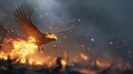 A phoenix bursts into flames mid-flight, scattering embers across a battlefield frozen in time