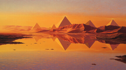 A surreal desert landscape ripples like water under a mirrored reflection effect, with pyramids on the blazing orange horizon