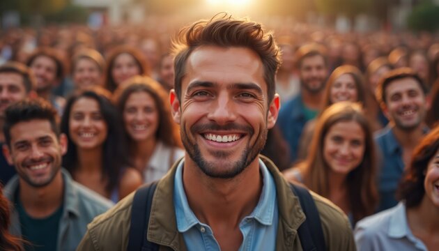 Young man smiles at camera in crowd of happy people. Group people smiling behind man. Concept of happiness, joy, togetherness. Sunny warm day in city. Illustration of human connection.