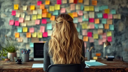 Woman working at desk with colorful sticky notes