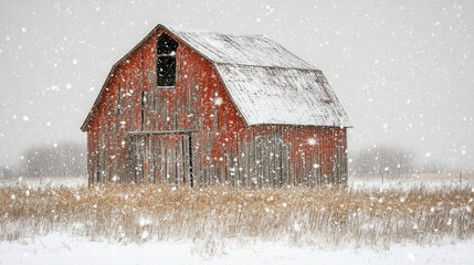 A weathered barn stands silently in a snow-covered field, its red paint peeling as snowflakes drift slowly from a pale gray sky