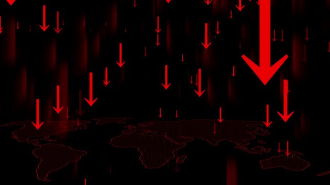 Downward Arrows Over World Map Animation, A world map in the background with numerous downward-pointing arrows overlaying it