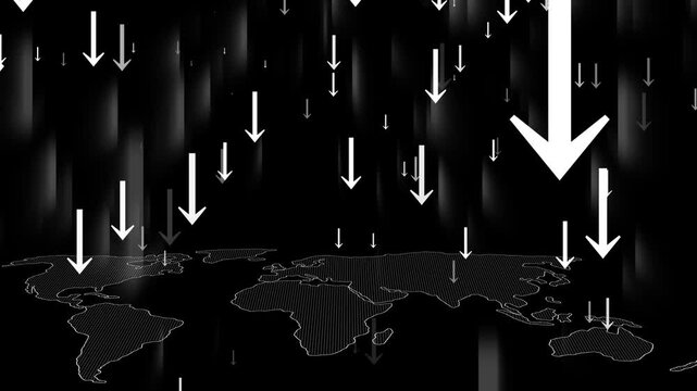 Downward Arrows Over World Map Animation, A world map in the background with numerous downward-pointing arrows overlaying it