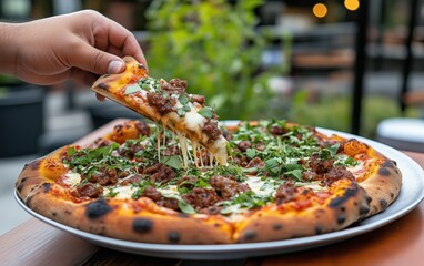 Mouthwatering Pizza Slice with Melted Cheese and Savory Meat Toppings