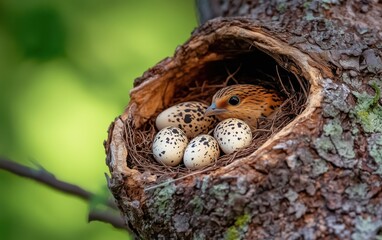 Fototapeta premium A Bird and Its Eggs Nestled in a Tree Hollow: A Nature's Embrace
