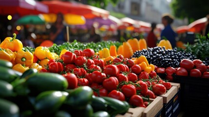 A market with a variety of fruits and vegetables, including tomatoes, peppers