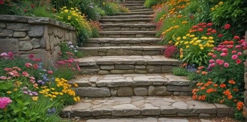 Aged stone steps ascend, leading through vibrant garden blooms,  path,  ascending,  view